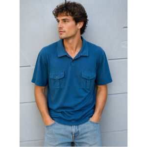James Perse Men Blue Polo Shirt Short Sleeve Dual Pocket Sz 3 Casual Minimalist